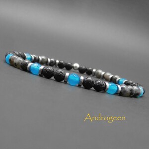 Pulseira masculina fina, pedras preciosas, ágata azul, labradorita preta, pedra de lava, hematita heishi prateada, prata esterlina Ø4 mm R165
