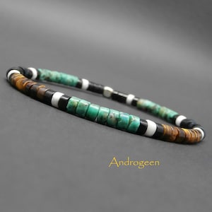 Men&#39;s heishi bracelet, gemstones, African turquoise, tiger&#39;s eye, hawk&#39;s eye, howlite, black agate, sterling silver Ø4 mm R240