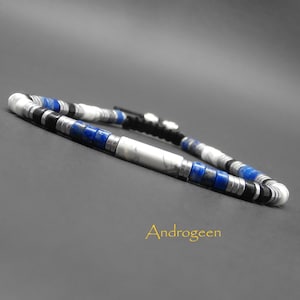 Pulseira heishi masculina, pedras preciosas, tubo de howlita branca, lápis-lazúli natural, ágata negra, hematita prateada Ø 4 mm R441