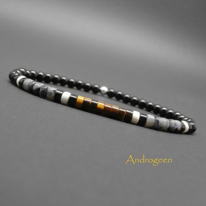 Bracelet fin homme, pierres gemmes, heishi en oeil de tigre, larvikite, howlite ivoire, onyx, argent sterling Ø4 mm R268
