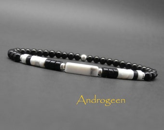Men's bracelet, gemstones, black agate, rectangle and white howlite heishi, sterling silver Ø4 mm R389