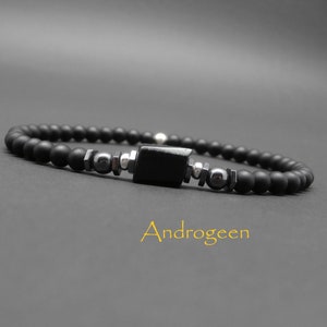 Pulsera de hombre, hiperstena, piedras preciosas, ónix negro mate, hematita, cuentas de plata de ley Ø4 mm R806