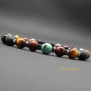Men&#39;s bracelet, natural stones, tiger&#39;s eye, bull&#39;s eye, African turquoise, lava stone, hematite Ø8 mm R147