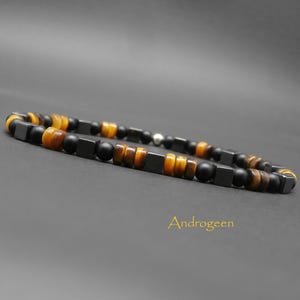 Bracelet homme, pierres gemmes, oeil de tigre, onyx mat, cubes en hématite, argent sterling Ø4 mm R285
