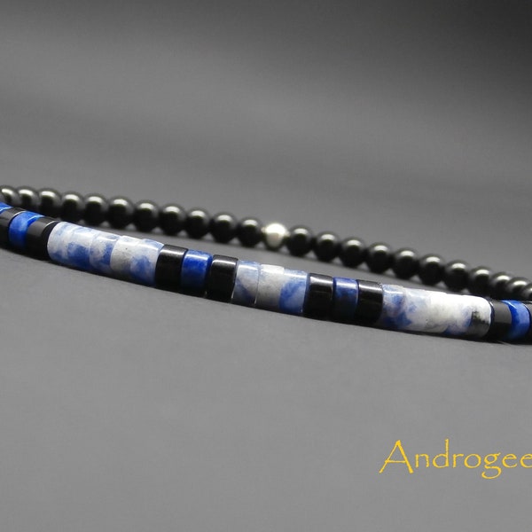 Bracelet fin homme, stretch, pierres gemmes, heishi de jaspe bleu, lapis lazuli naturel, onyx, perles en argent sterling Ø4 mm R259