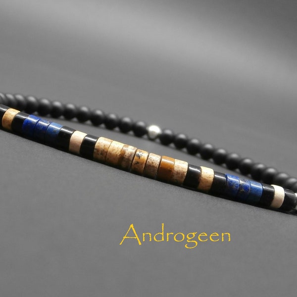 Bracelet fin homme, stretch, pierres naturelles, heishi de jaspe, lapis lazuli, onyx, onyx mat perles en argent sterling Ø4 mm R269