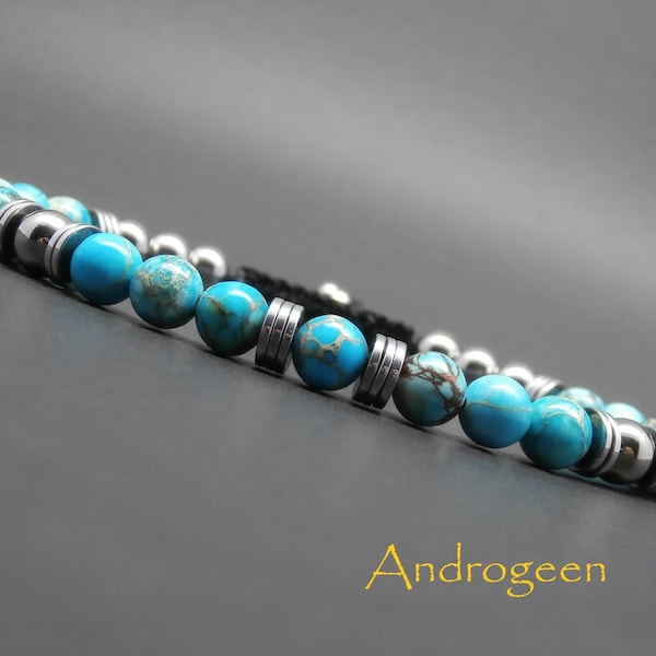 Bracelet homme tressé, pierres naturelles, jaspe impérial turquoise, perles et heishi d’hématite argentée Ø 6 mm R811