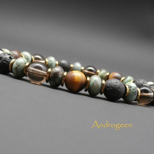Bracelet homme, stretch, pierres gemmes, œil de tigre mat, turquoise africaine, quartz fumé, pierre de lave, hématite dorée Ø8 mm R177