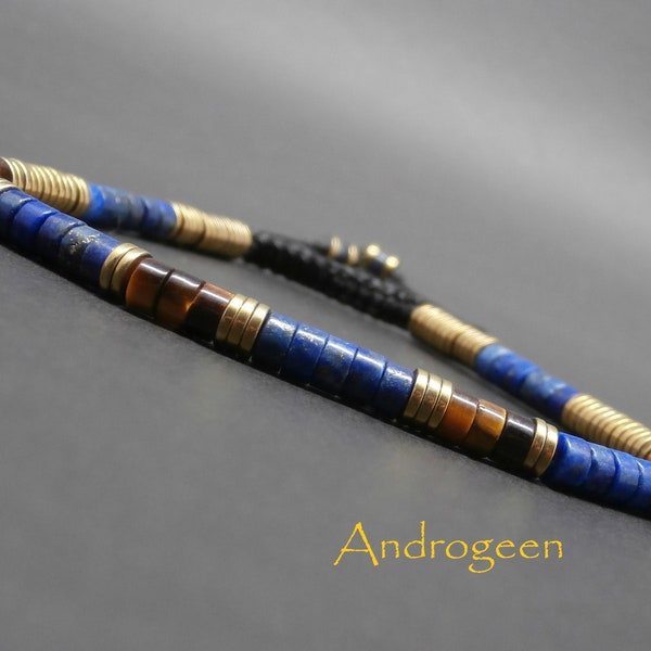 Bracelet fin homme, pierres gemmes, heishi de lapis lazuli naturel, oeil de tigre, hématite dorée Ø 4 mm R401