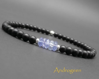 Fine men's bracelet, minimalist, gemstones, tanzanite, matte onyx, sterling silver beads Ø4 mm R166