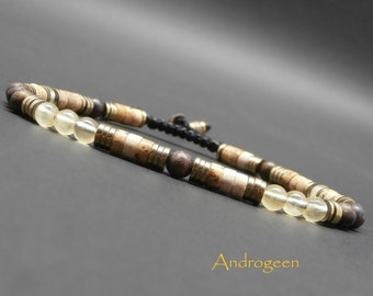 Bracelet fin, pierres gemmes, calcite jaune, bronzite mat, heishi de jaspe paysage et hématite dorée Ø4 mm R683