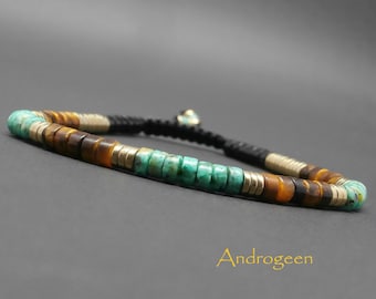 Bracelet fin homme, gemmes, heishi de turquoise africaine, œil de tigre, agate noire, rondelles en hématite dorée Ø4 mm R432