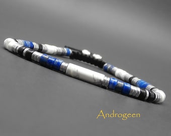 Bracelet heishi homme, pierres gemmes, tube howlite blanche, lapis lazuli naturel, agate noire, hématite argentée Ø 4 mm R441