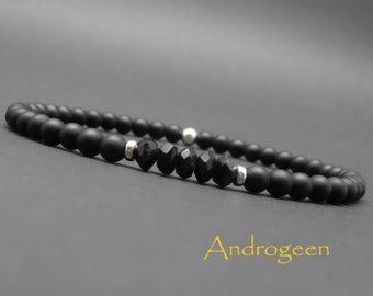 Fine men's bracelet, minimalist, gemstones, black spinel, matte onyx, sterling silver beads Ø4 mm R215