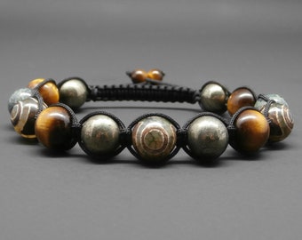 Braided men's bracelet, natural Tibetan agate, pyrite, kambala jasper, tiger's eye Ø 10 mm R222