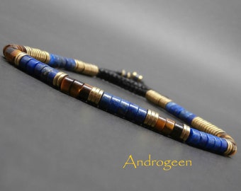Fine men's bracelet, gemstones, natural lapis lazuli heishi, tiger's eye, golden hematite Ø 4 mm R401
