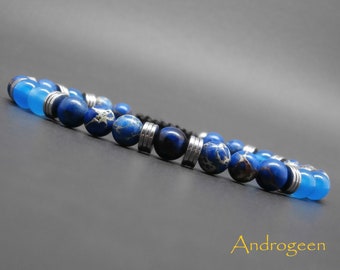 Men's bracelet, indigo imperial jasper, blue tiger's eye, blue agate, silver hematite heishi Ø 6 mm R841