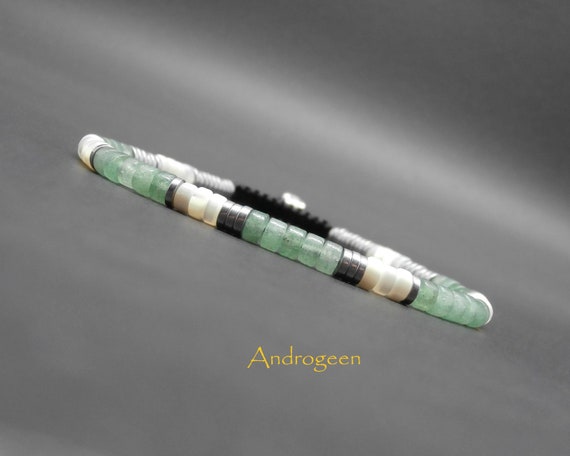 Bracelet heishi, pierres gemmes, aventurine verte, nacre blanche, hématite argentée Ø4 mm R405