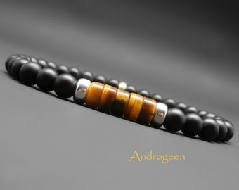 Men's bracelet, stretch, gemstones, tiger's eye heishi, matte black onyx, sterling silver washers Ø6 mm R306