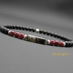 Bracelet minimaliste homme, pierres gemmes, tube en larkivite, grenat, onyx noir mat, argent sterling Ø4 mm R182