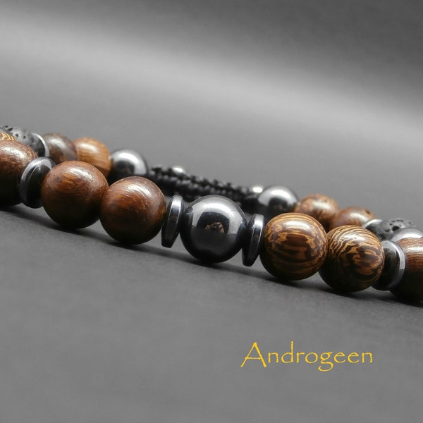 Bracelet homme tressé, pierres gemmes, pierre de lave, hématite, perles en bois robles Ø 8 mm R516