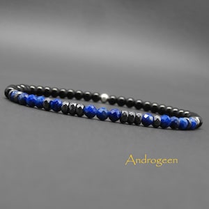 Tunt armband, ädelstenar, fasetterade rondeller i naturlig lapis lazuli, hematit, onyx, sterlingsilver Ø4 mm R596