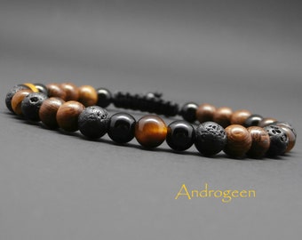 Braided men's bracelet, robust wooden beads, natural stones, tiger's eye, onyx, volcanic rock Ø 6 mm R542