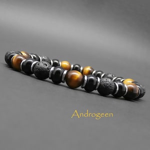 Men&#39;s bracelet, gemstones, black agate washers, tiger&#39;s eye, lava stones, silver hematite discs Ø8 mm R243