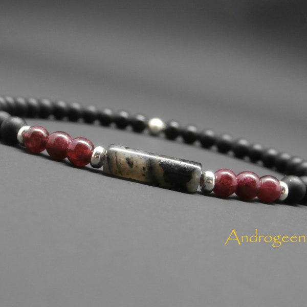 Bracelet minimaliste homme, pierres gemmes, tube en larkivite, grenat, onyx noir mat, argent sterling Ø4 mm R182
