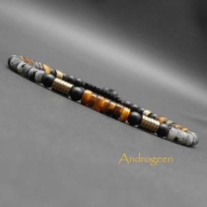 Men&#39;s bracelet, gemstones, tiger&#39;s eye heishi, larvikite, hawk&#39;s eye, golden hematite, matte onyx Ø4 mm R378