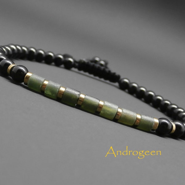 Bracelet fin homme, pierres gemmes, jade vert dépoli, onyx, heishi en hématite dorée Ø4 mm R183