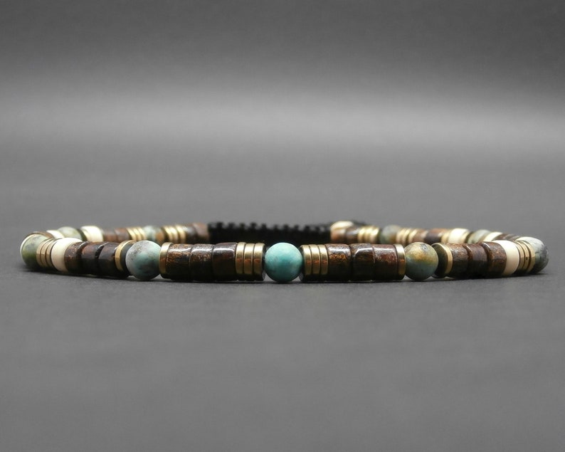 Bracelet fin homme, pierres gemmes, turquoise africaine mate, heishi de bronzite, howlite ivoire, hématite dorée Ø 4 mm R322 image 2