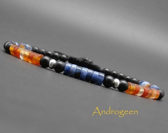 Bracelet fin homme, tressé, pierres gemmes, heishi de sodalite, cornaline naturelle, onyx mat et argent sterling Ø4 mm R983