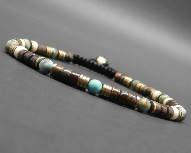 Bracelet fin homme, pierres gemmes, turquoise africaine mate, heishi de bronzite, howlite ivoire, hématite dorée Ø 4 mm R322 image 3