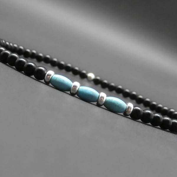 Bracelet ultra fin homme, minimaliste, pierres gemmes, onyx mat, turquoise naturelle, perles en argent sterling Ø 3 mm R214