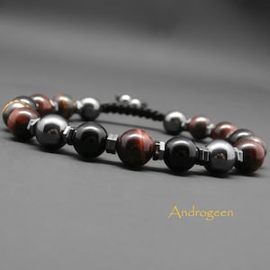 Men&#39;s bracelet, gemstones, red tiger&#39;s eye, iron eye, onyx, hematite Ø8 mm R630