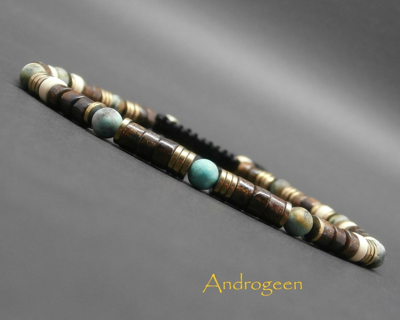 Bracelet fin homme, pierres gemmes, turquoise africaine mate, heishi de bronzite, howlite ivoire, hématite dorée Ø 4 mm R322 image 1