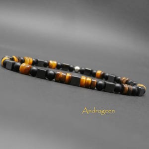 Men&#39;s fine bracelet, gemstones, tiger&#39;s eye heishi, matte onyx, hematite cubes, sterling silver Ø4 mm R285