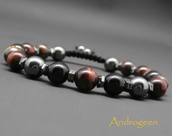 Bracelet homme tressé, pierre gemmes, oeil de tigre rouge, oeil de fer, onyx, hématite Ø8 mm R630