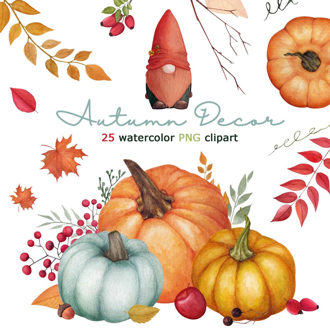 Autumn Watercolor Clipart Pumpkins Gnome Fall Leaves Png Set,hand ...