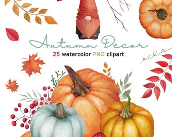 Autumn watercolor clipart pumpkins gnome fall leaves png set,Hand Painted, Thanksgiving decor clip art, harvest digital download