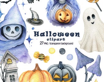 Watercolor Halloween Clipart, Spooky Ghosts, Skulls, Pumpkins, Witch Hat, Boo Banner, Instant Download PNG, Scrapbooking Set