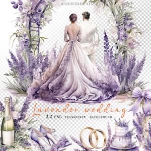 Watercolor Lavender Wedding PNG bundle. Provence floral clipart. Purple Flowers for Wedding Invitations, Love boho wedding