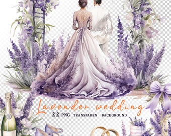 Watercolor Lavender Wedding PNG bundle. Provence floral clipart. Purple Flowers for Wedding Invitations, Love boho wedding