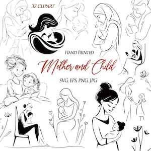 Mother’s Day Clipart – 32 Mother and Child Line Art Illustrations | Mom and Baby Silhouette Svg Png Eps Jpg for Cards & Gifts