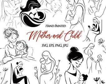 Mother’s Day Clipart – 32 Mother and Child Line Art Illustrations | Mom and Baby Silhouette Svg Png Eps Jpg for Cards & Gifts