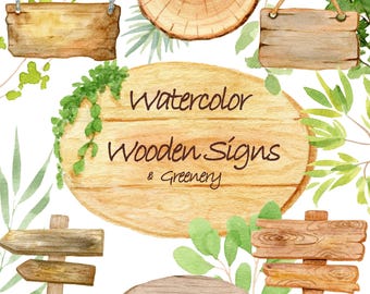 Watercolor Wooden Signs Clipart Bundle – Rustic Wood Slices, Hanging Signs & Greenery Png for Digital Download