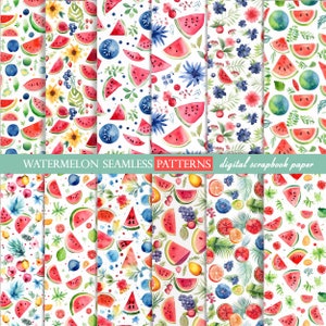 Watercolor Summer Watermelon seamless patterns, Watercolor scrapbook paper. Summer fruit digital wallpaper, Commercial use, Instant download