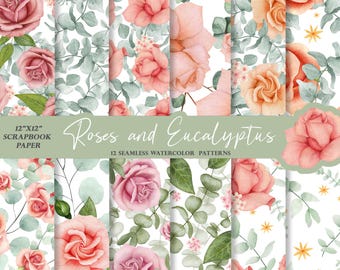 Watercolor Roses & Eucalyptus Seamless Patterns, Digital Scrapbook Paper, Pink Floral Backgrounds, Wedding Invitations, Commercial Use