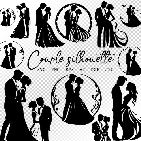 Wedding Couple Silhouette Bundle SVG, bride and groom svg, Married couple Silhouette PNG, Wedding couple svg Cut Files, DFX, Commercial Use